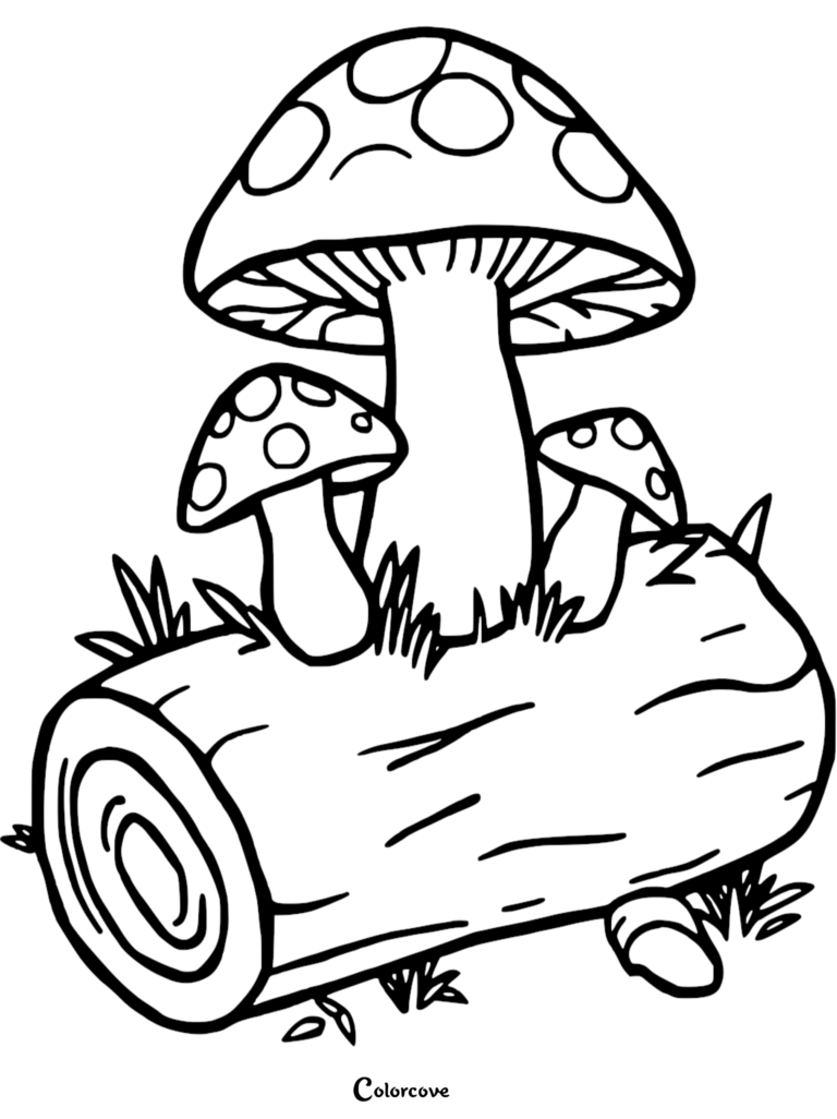 Three spotted mushrooms growing on a wooden log in this free printable coloring page.