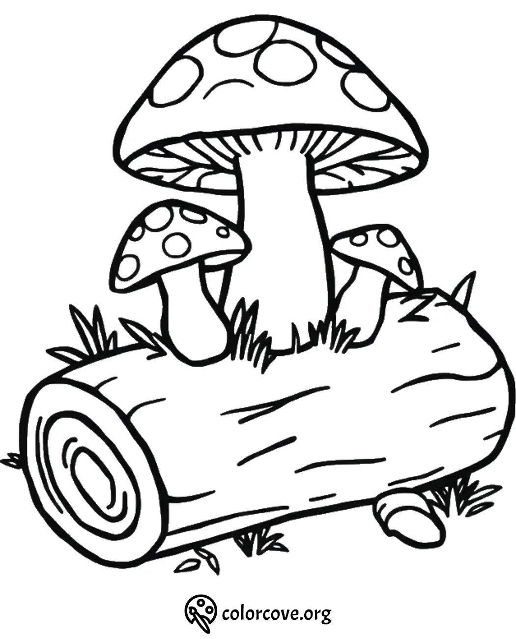 Mushroom scene on a log coloring page, perfect for nature-themed coloring activities; free download from colorcove.org