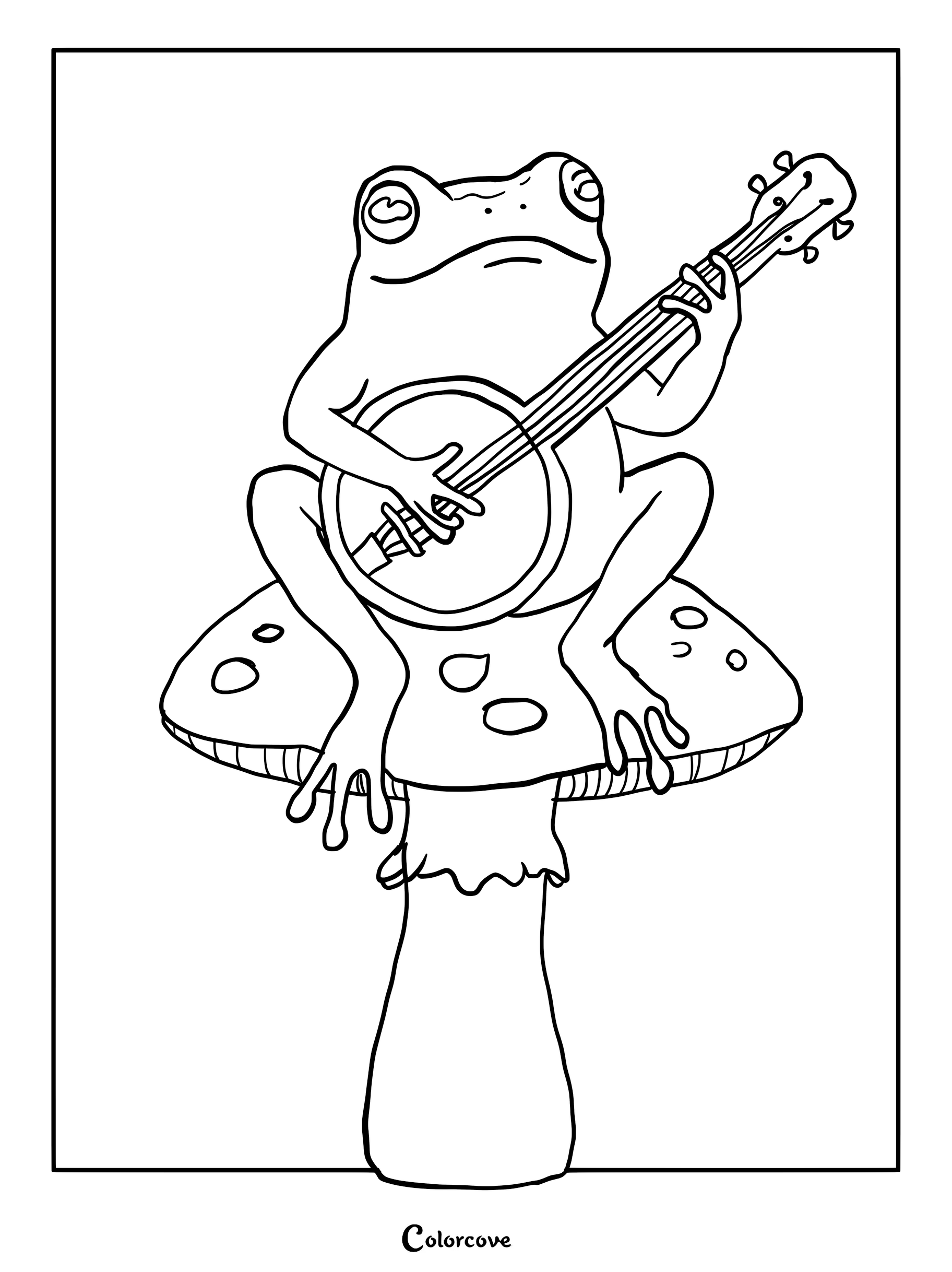 A cute frog sitting on a spotted mushroom playing a banjo in this printable coloring page.