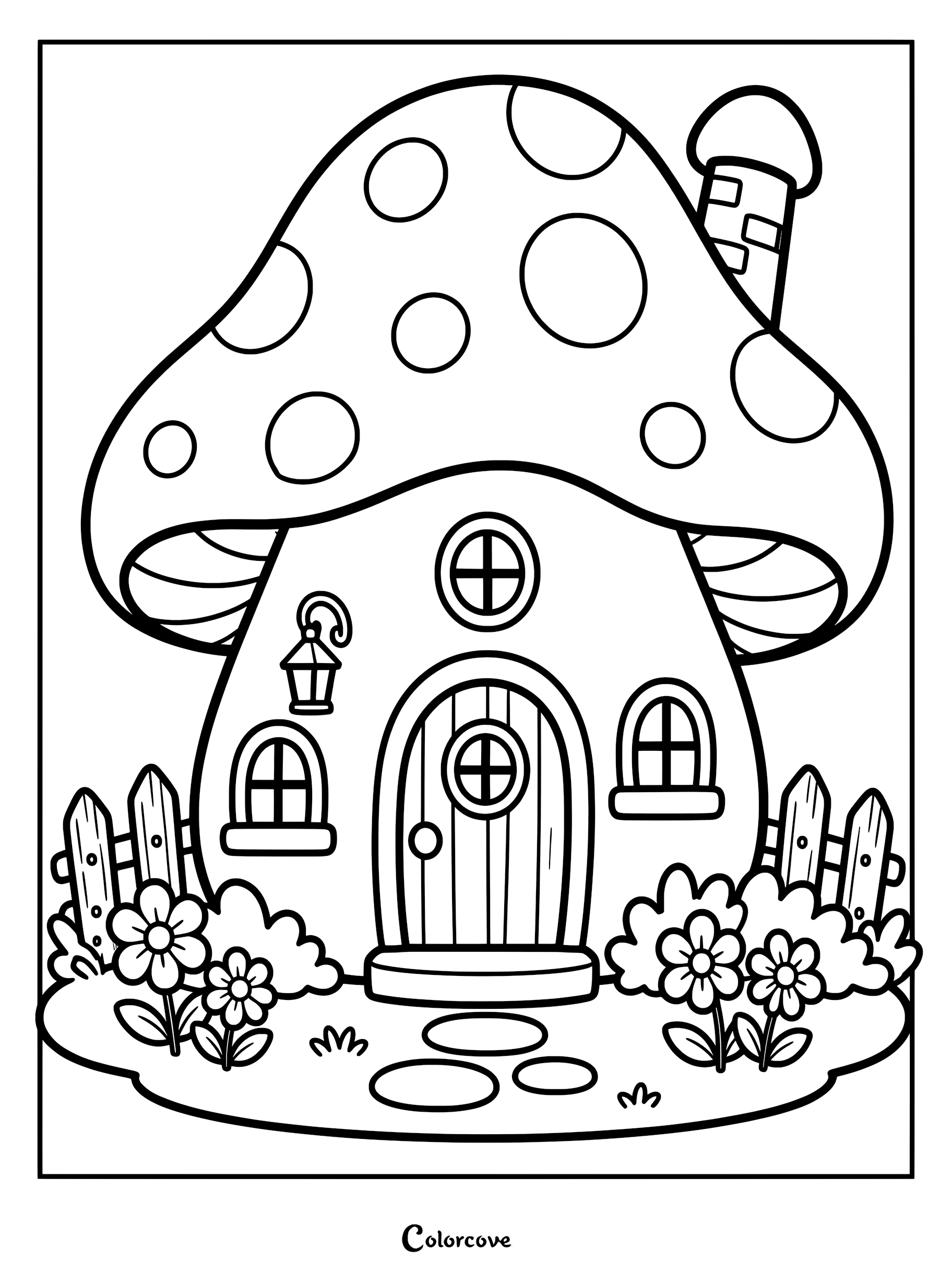 A whimsical mushroom house coloring page with a chimney, arched door, lantern, and a picket fence surrounded by flowers.
