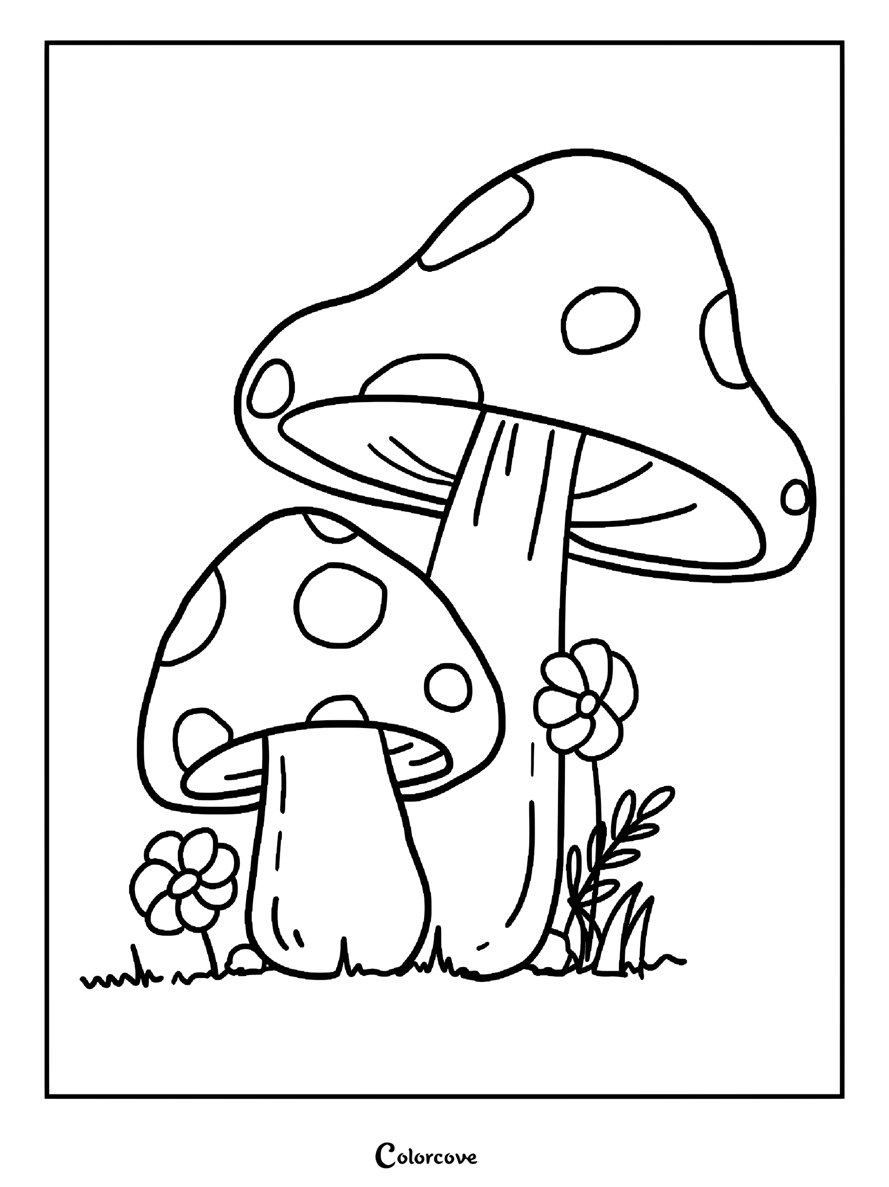 A printable coloring page featuring two spotted mushrooms of different sizes growing in the grass with small flowers.