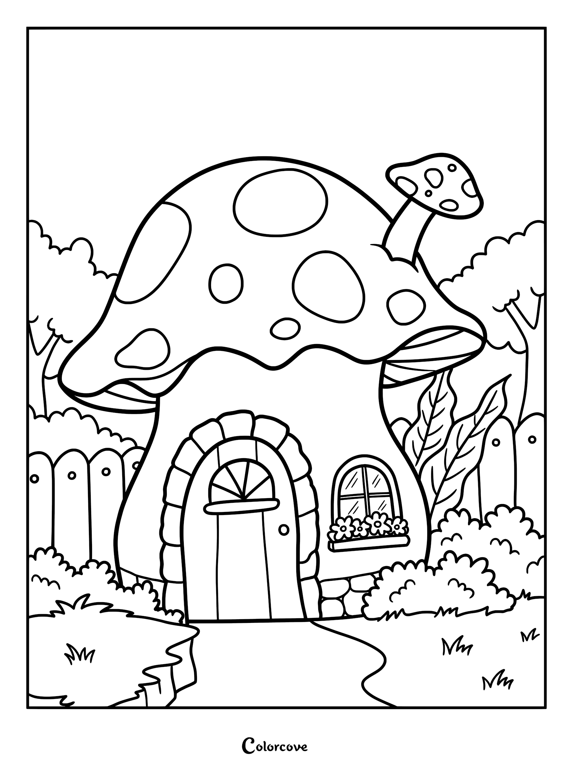 A whimsical mushroom house coloring page featuring a large spotted toadstool home with an arched door, window box, and garden fence.