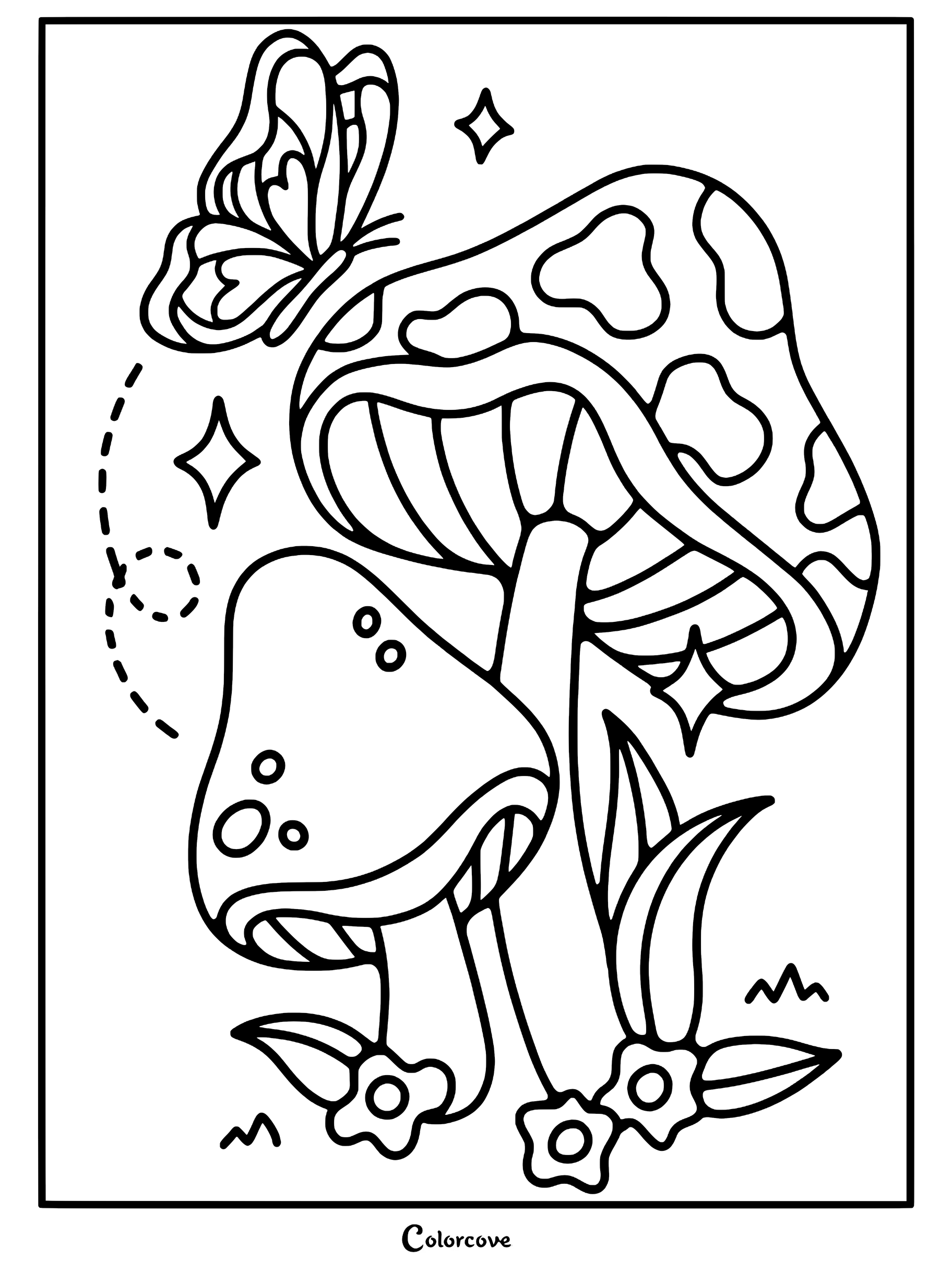 A whimsical coloring page featuring two spotted mushrooms, small flowers, and a butterfly flying with sparkling stars in the background.