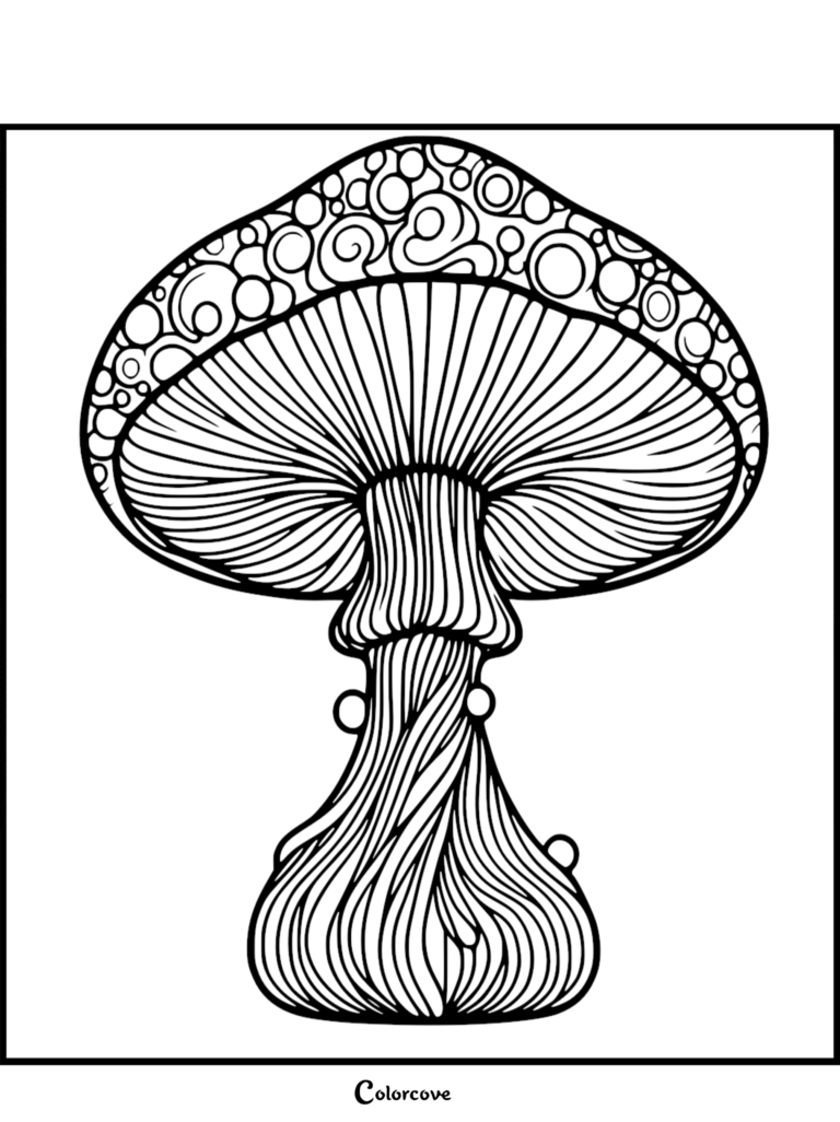 A detailed mushroom coloring page featuring intricate swirl and circle patterns on the cap and a textured, fibrous stem.