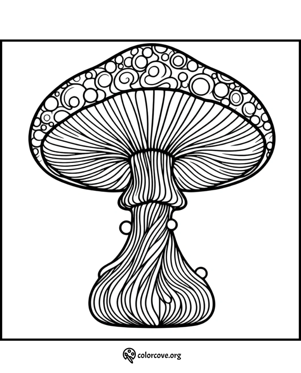 Intricate mushroom coloring page with detailed patterns for relaxation and creative expression. Perfect for all ages.