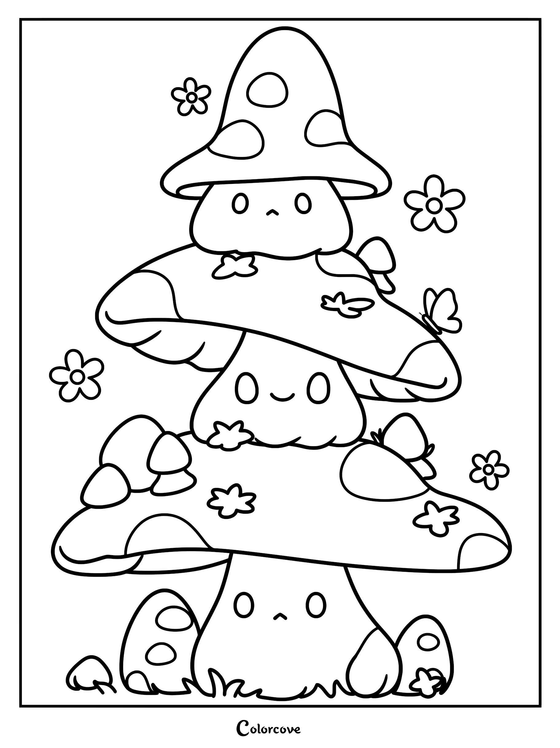 Three cute kawaii mushrooms stacked vertically on top of each other surrounded by small flowers in this printable coloring page.