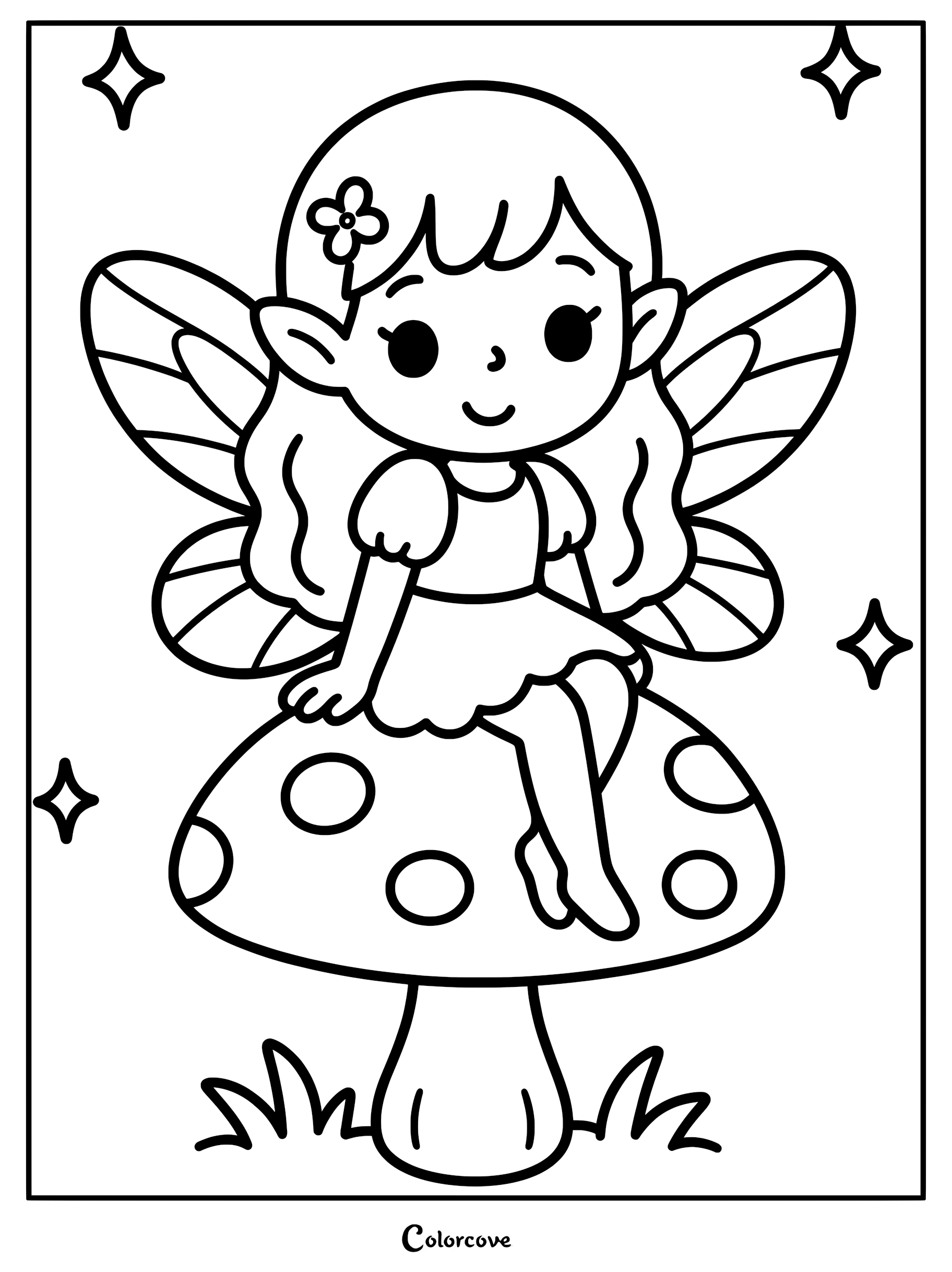 A cute fairy with a flower in her hair sitting on a spotted mushroom in this printable coloring page.