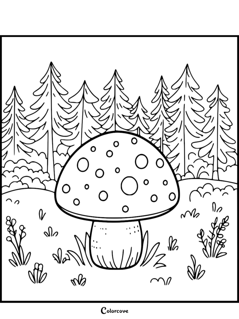 A spotted mushroom in a forest setting, featured in this free printable coloring page.