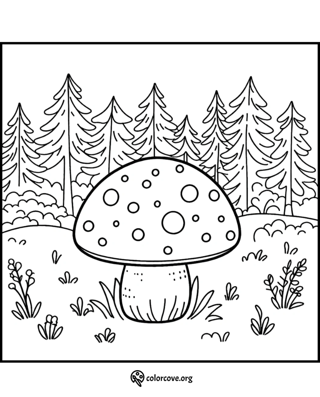 Mushroom coloring page with large mushroom, forest trees, and plants in background. Printable for kids.