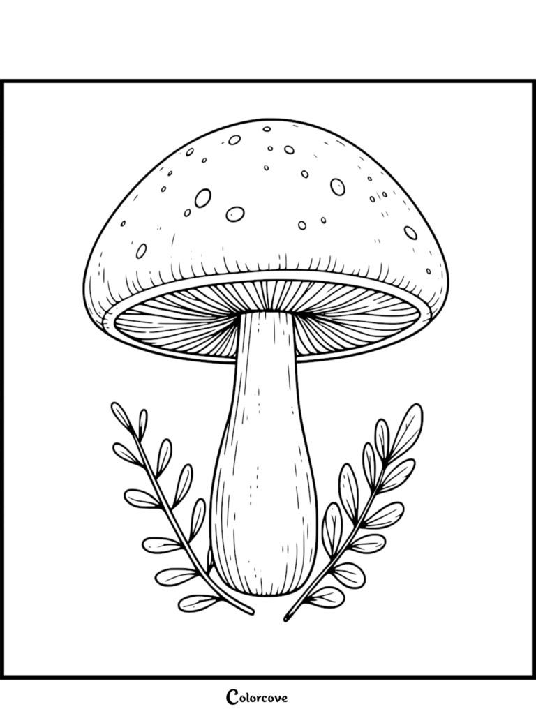 A detailed mushroom coloring page featuring a large cap with spots and leafy sprigs at the base.