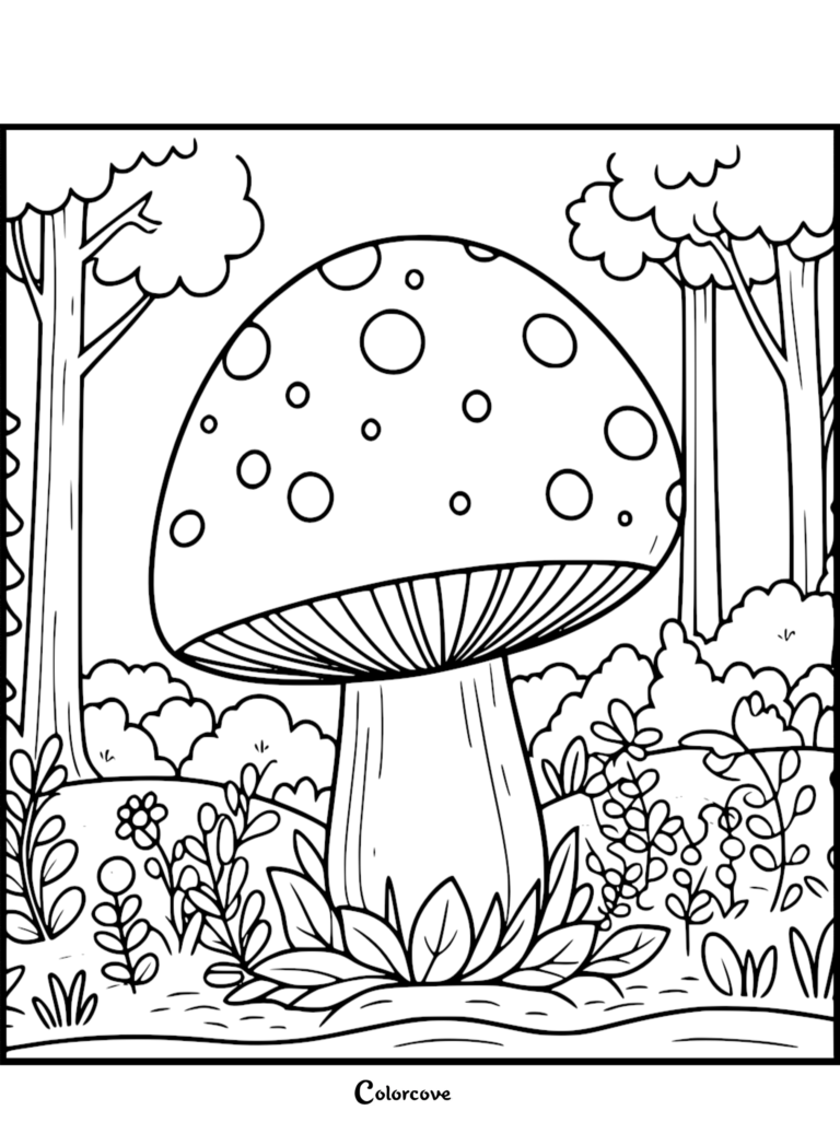 A large spotted mushroom in a forest setting, featured in a free printable coloring page.