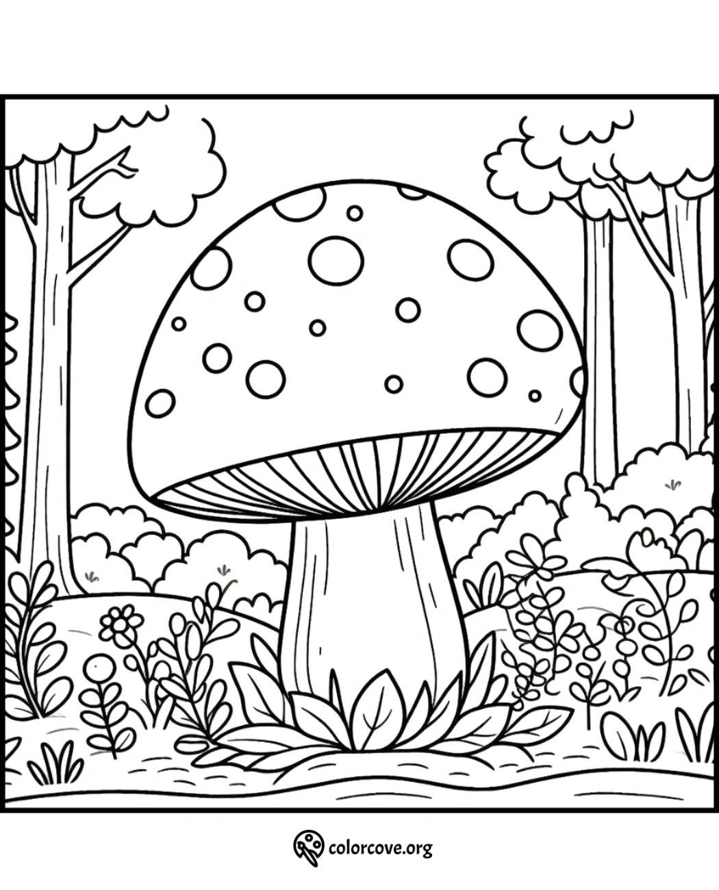 Coloring page featuring a large mushroom among trees and plants in a forest setting for kids to color.