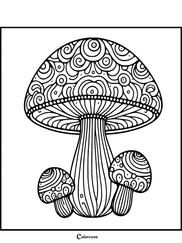 Intricate mushroom coloring page featuring a large central mushroom with two smaller mushrooms, all decorated with detailed swirling patterns and line art.