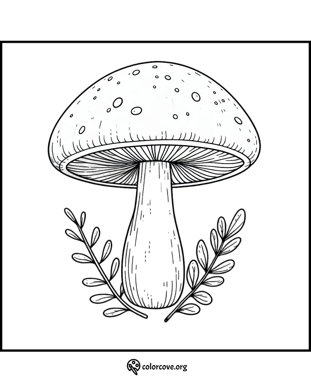 Detailed mushroom coloring page with leafy branches, perfect for both kids and adults to enjoy coloring.