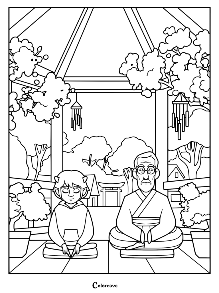 Dibujo para colorear imprimible de My Brother The Minotaur con Lorcan el minotauro y un sabio Anciano sentados en postura de loto y meditación dentro de un cenador tradicional.