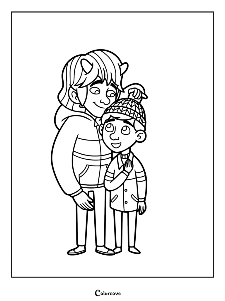 Lorcan el minotauro con pequeños cuernos acariciando suavemente la cabeza de su hermano menor Charlie en este dibujo para colorear imprimible de My Brother the Minotaur.
