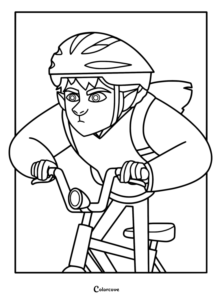 Lorcan de My Brother The Minotaur con casco de ciclismo mientras monta en bicicleta, protagonista de este dibujo para colorear imprimible.