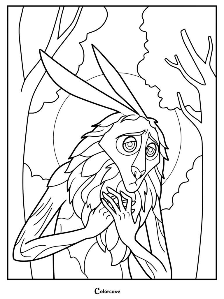 Un dibujo detallado para colorear de El Pooka de My Brother the Minotaur, que muestra a la criatura parecida a un conejo con orejas largas y pelaje desaliñado de pie en un bosque por la noche.