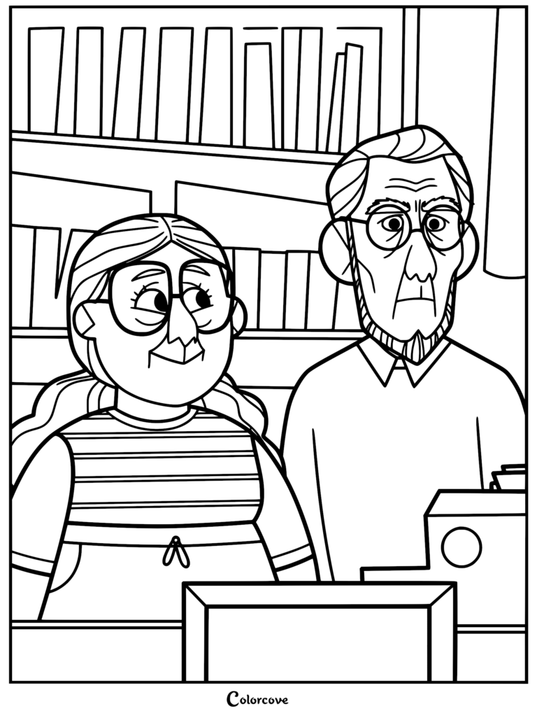 Un dibujo para colorear imprimible con Los Ancianos de My Brother The Minotaur de pie en una biblioteca con estanterías al fondo.