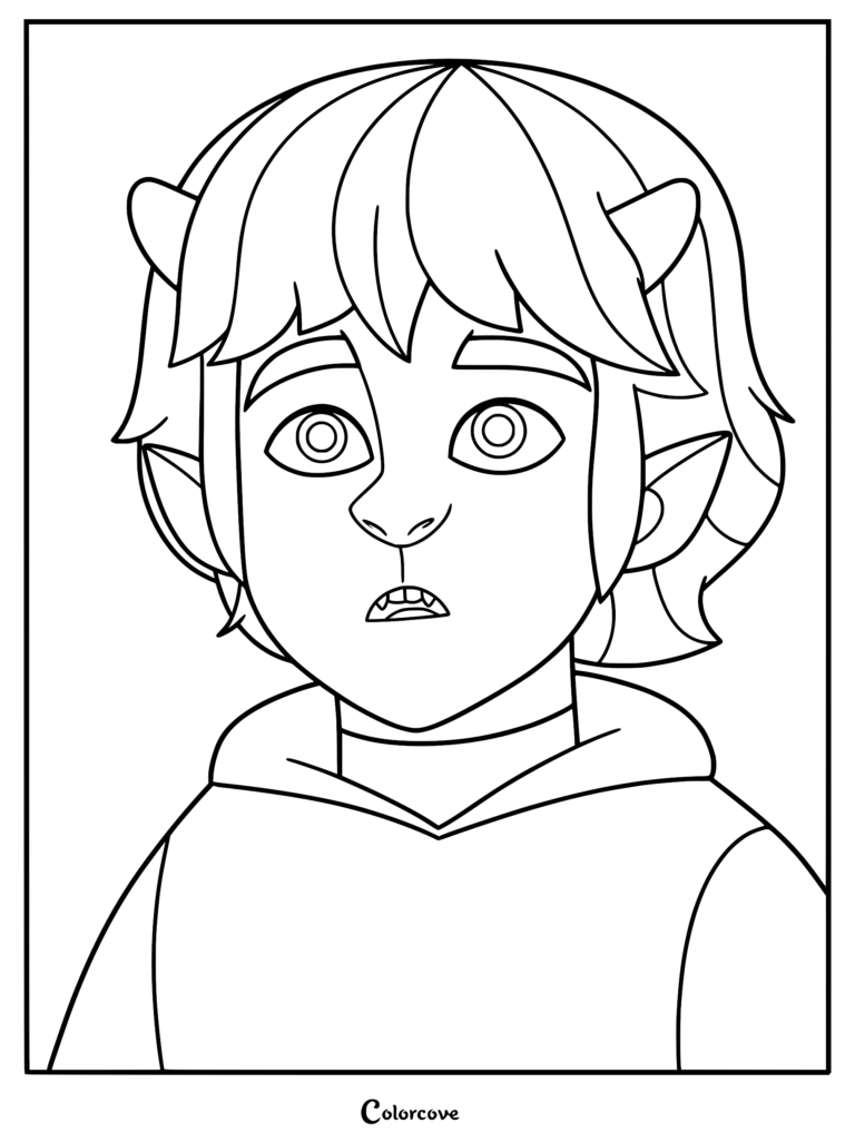 Dibujo para colorear de línea en primer plano de Lorcan, el minotauro adolescente de My Brother The Minotaur, que muestra su expresión de preocupación, sus pequeños cuernos y orejas puntiagudas.