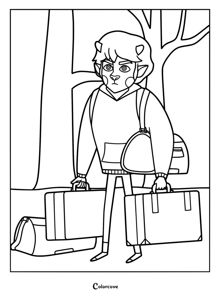 Lorcan de My Brother the Minotaur con una expresión decidida mientras carga varias maletas y una mochila en formato de dibujo para colorear imprimible.