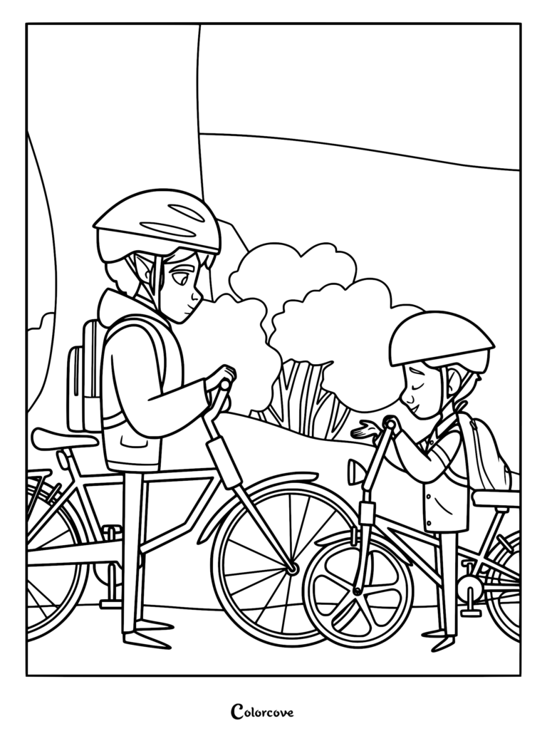 Un dibujo para colorear imprimible con Lorcan y su hermano menor Charlie usando cascos de bicicleta y mochilas mientras están junto a sus bicicletas en Isla Bryony.
