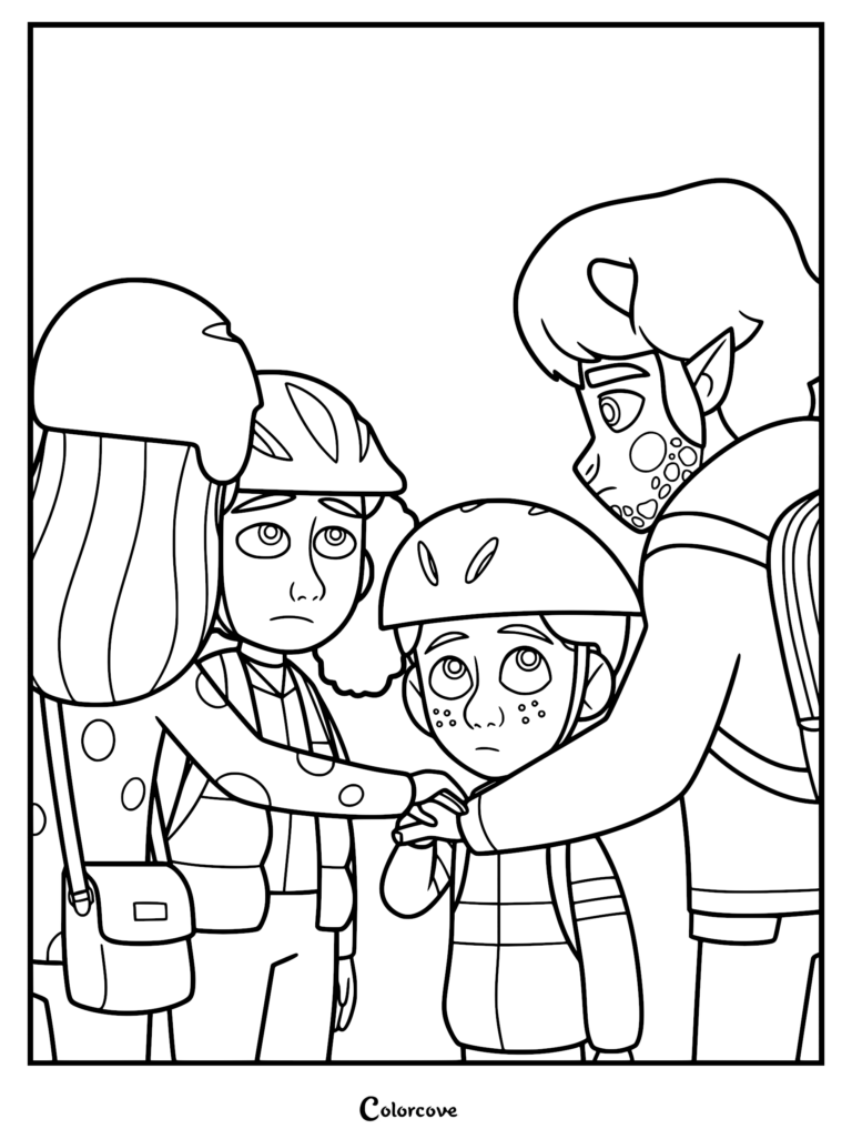 Un dibujo detallado para colorear con Lorcan el minotauro, Charlie, Harper y Dana uniendo sus manos en un momento de amistad y apoyo, listos para vivir una aventura en Isla Bryony.