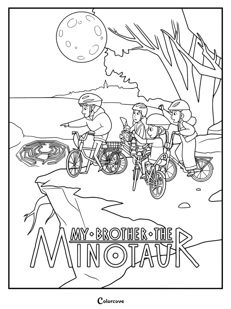 Dibujo para colorear imprimible de My Brother the Minotaur con Lorcan, Charlie, Harper y Dana en bicicleta señalando un laberinto de piedra bajo la luz de la luna llena.