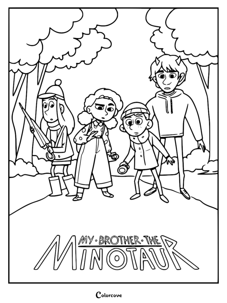 Un dibujo para colorear imprimible de Lorcan el minotauro, su hermano Charlie y sus amigos Harper y Dana explorando un sendero en el bosque, ideal para niños.