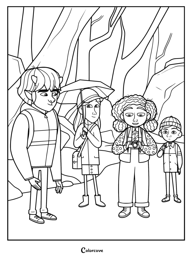 Un dibujo para colorear imprimible de Lorcan el minotauro con pequeños cuernos, junto a sus amigos Harper con paraguas, Dana mirando a través de una cámara y Charlie con un gorro de punto, explorando un sendero en el bosque.