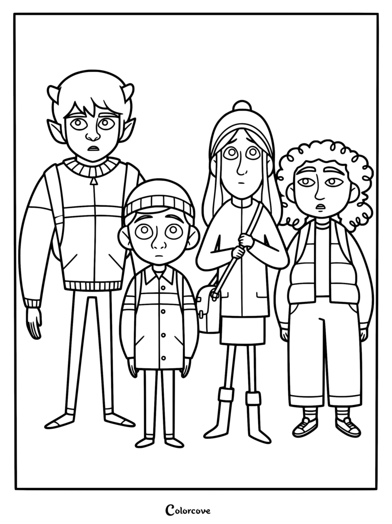 Lorcan el minotauro de pie con Charlie, Harper y Dana, dibujo para colorear de contorno en blanco y negro para niños.