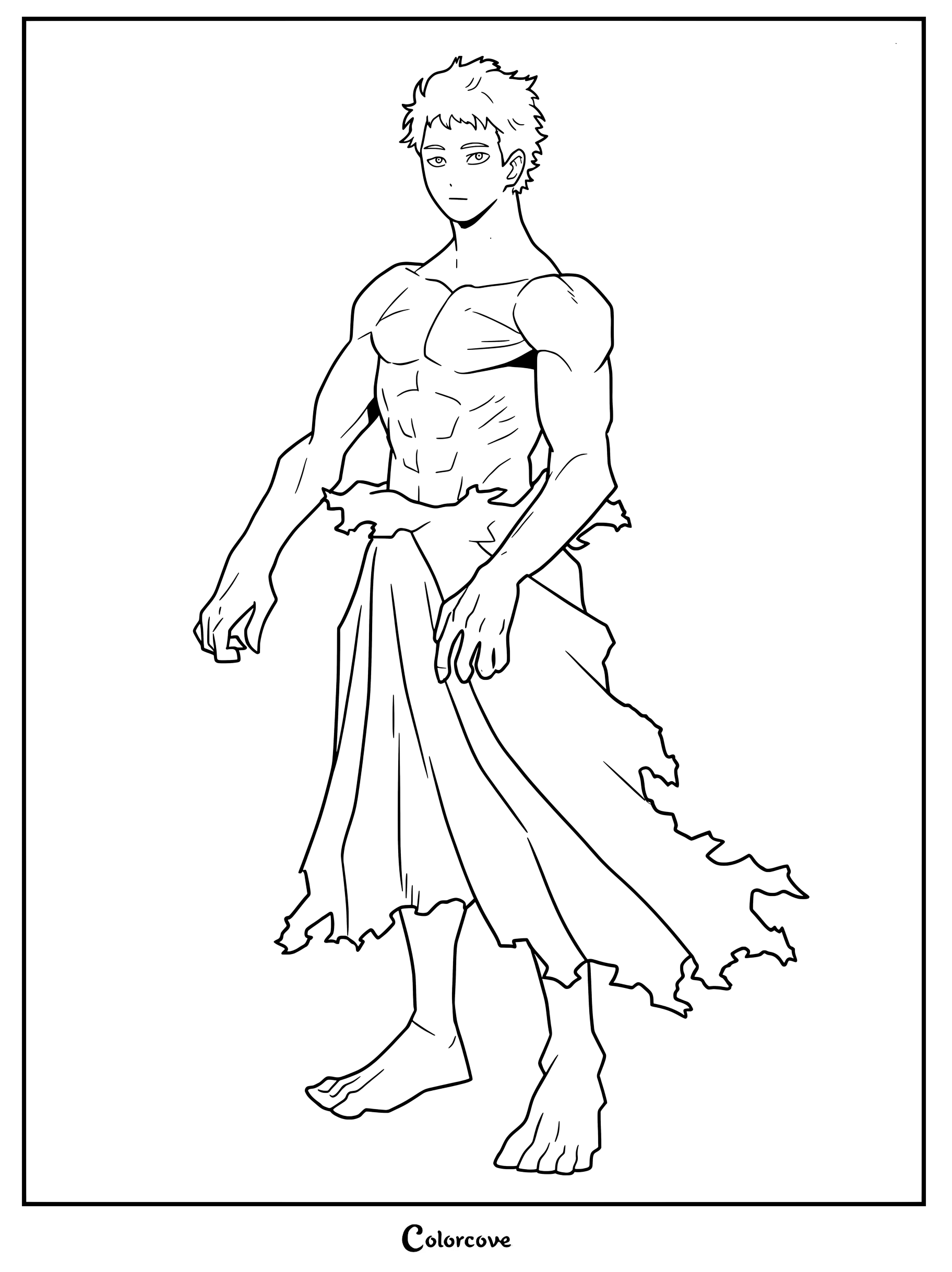 A printable coloring page featuring a young, shirtless All For One from My Hero Academia standing with a tattered cloth draped around his waist.
