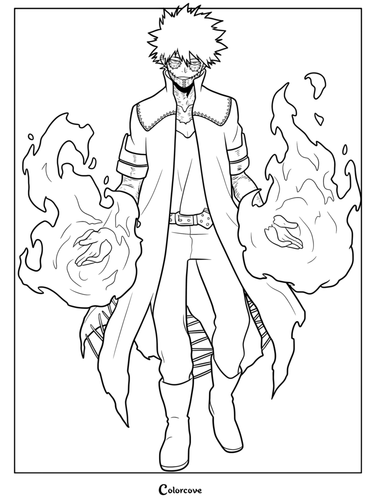 Dabi from My Hero Academia standing with blue flames in his hands, detailed line art coloring page.
