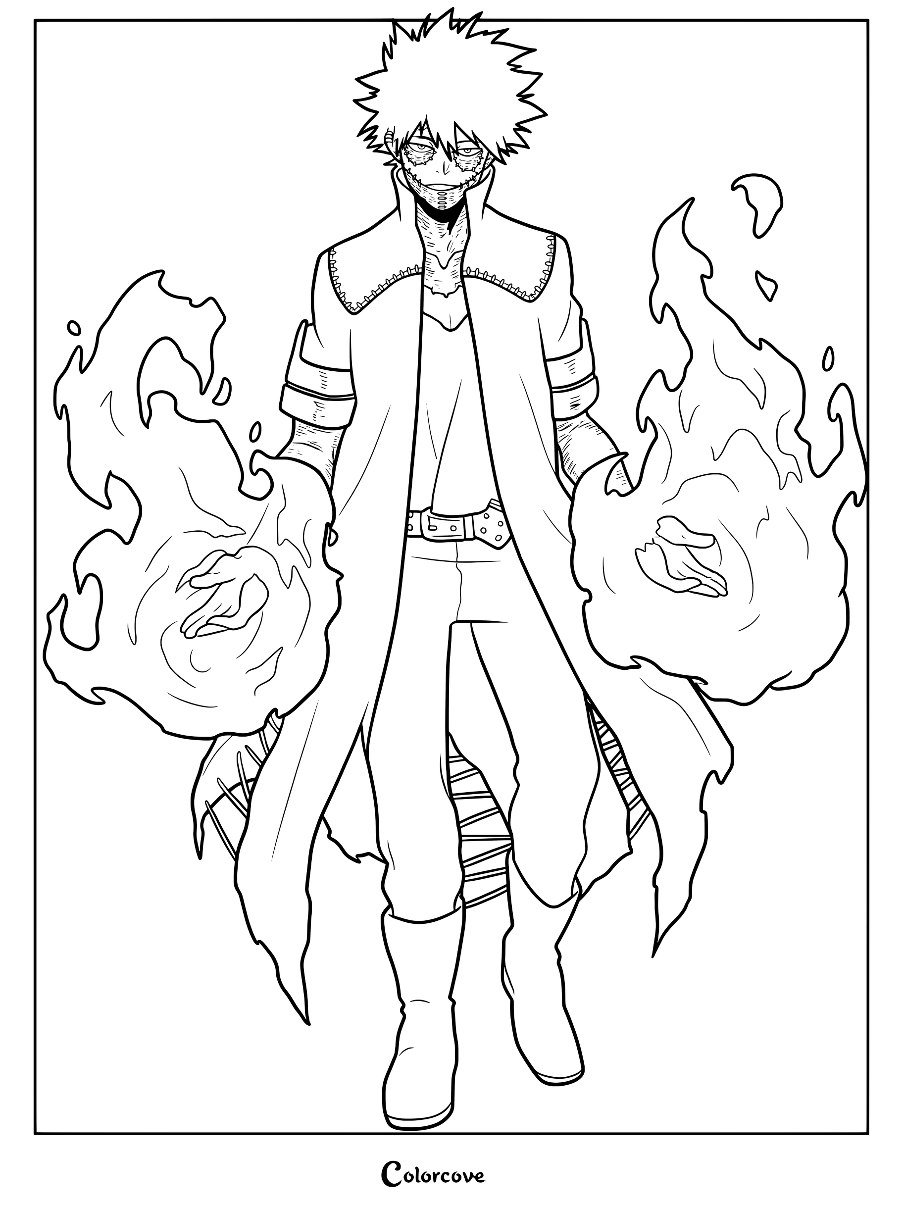 Dabi from My Hero Academia standing with blue flames in his hands, detailed line art coloring page.
