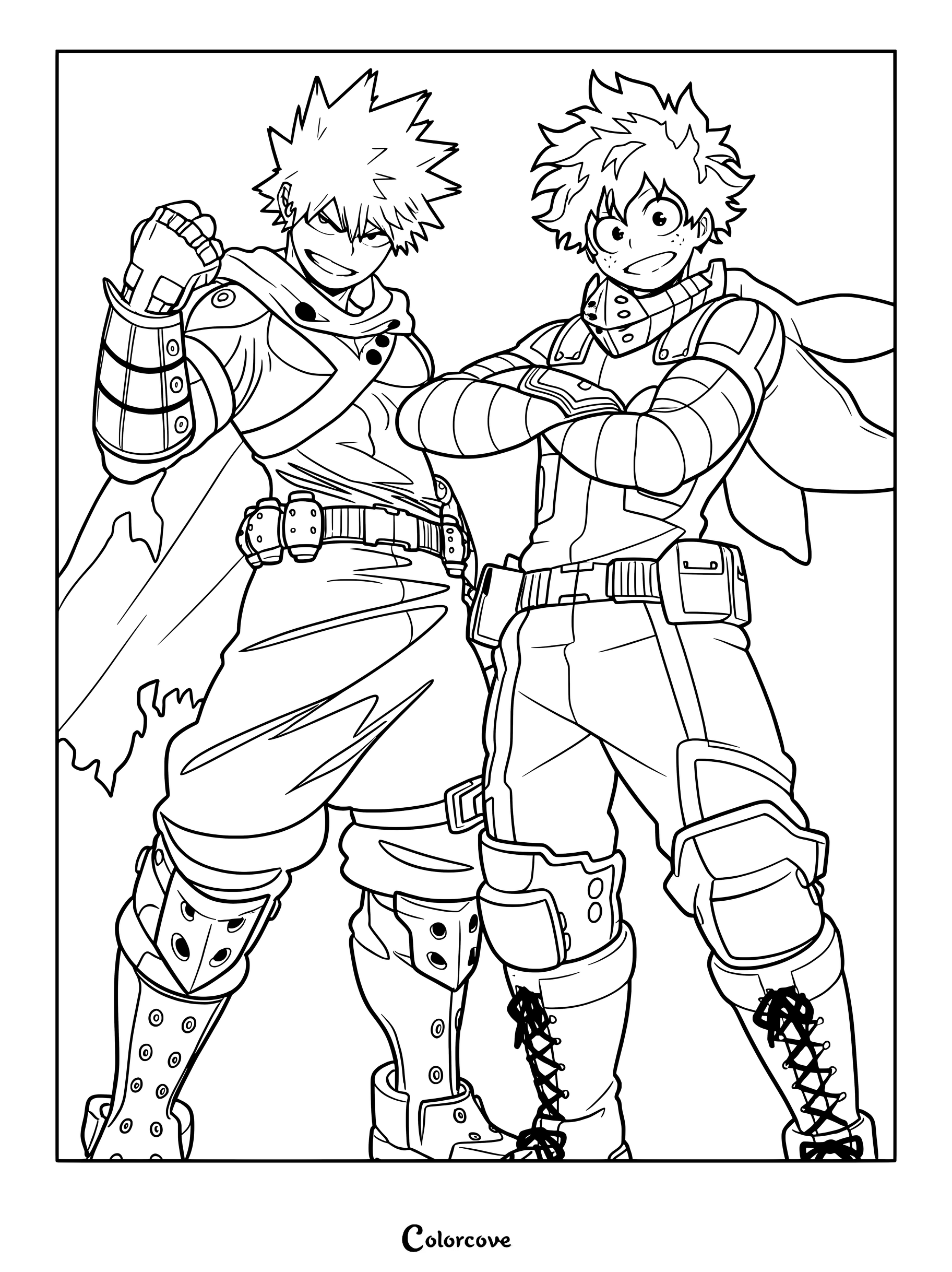 Deku and Bakugo standing side by side in their hero costumes in this detailed My Hero Academia coloring page.