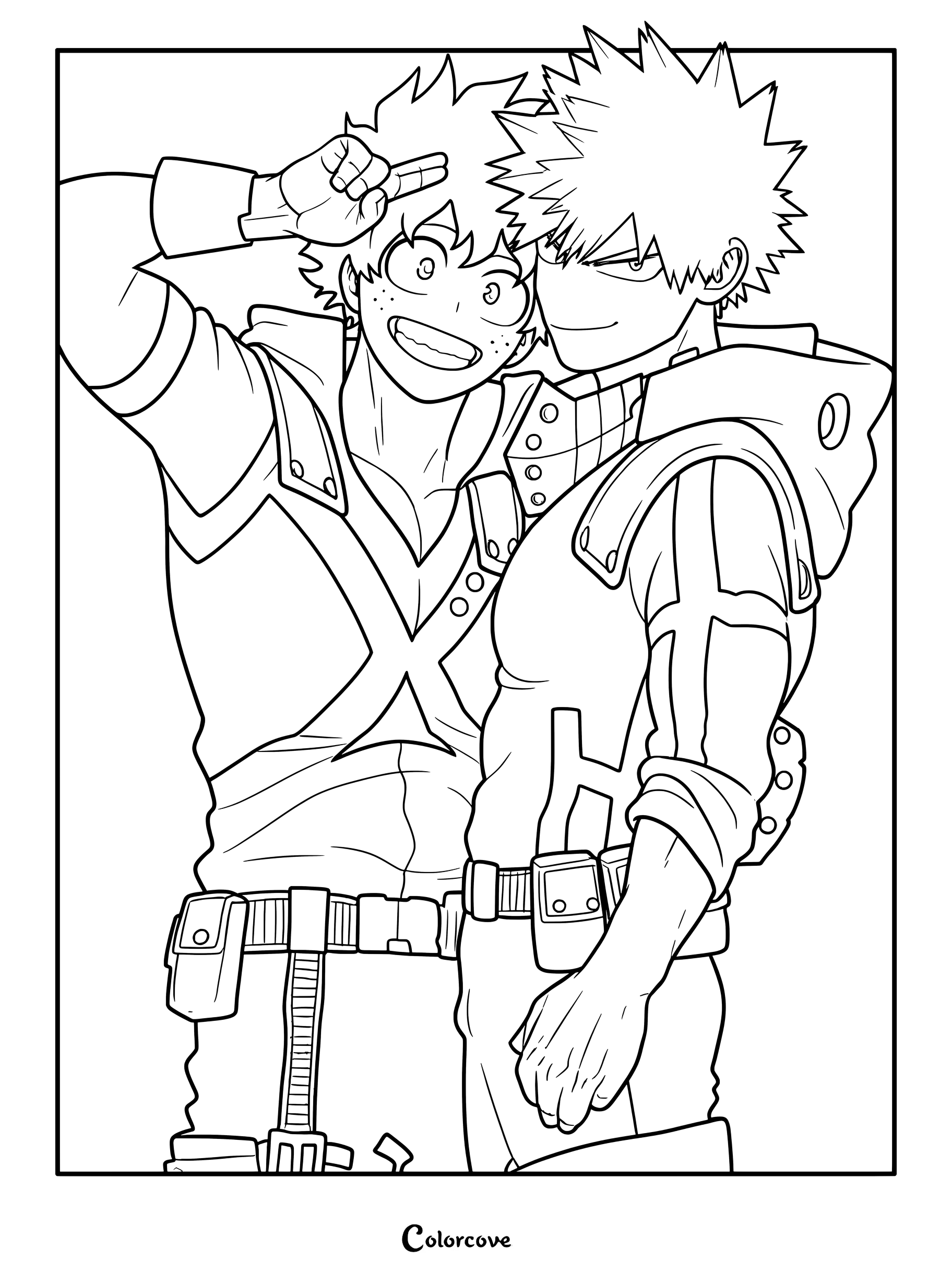 Deku and Bakugo standing side by side in their hero costumes, with Deku making a peace sign, in this detailed My Hero Academia coloring page.