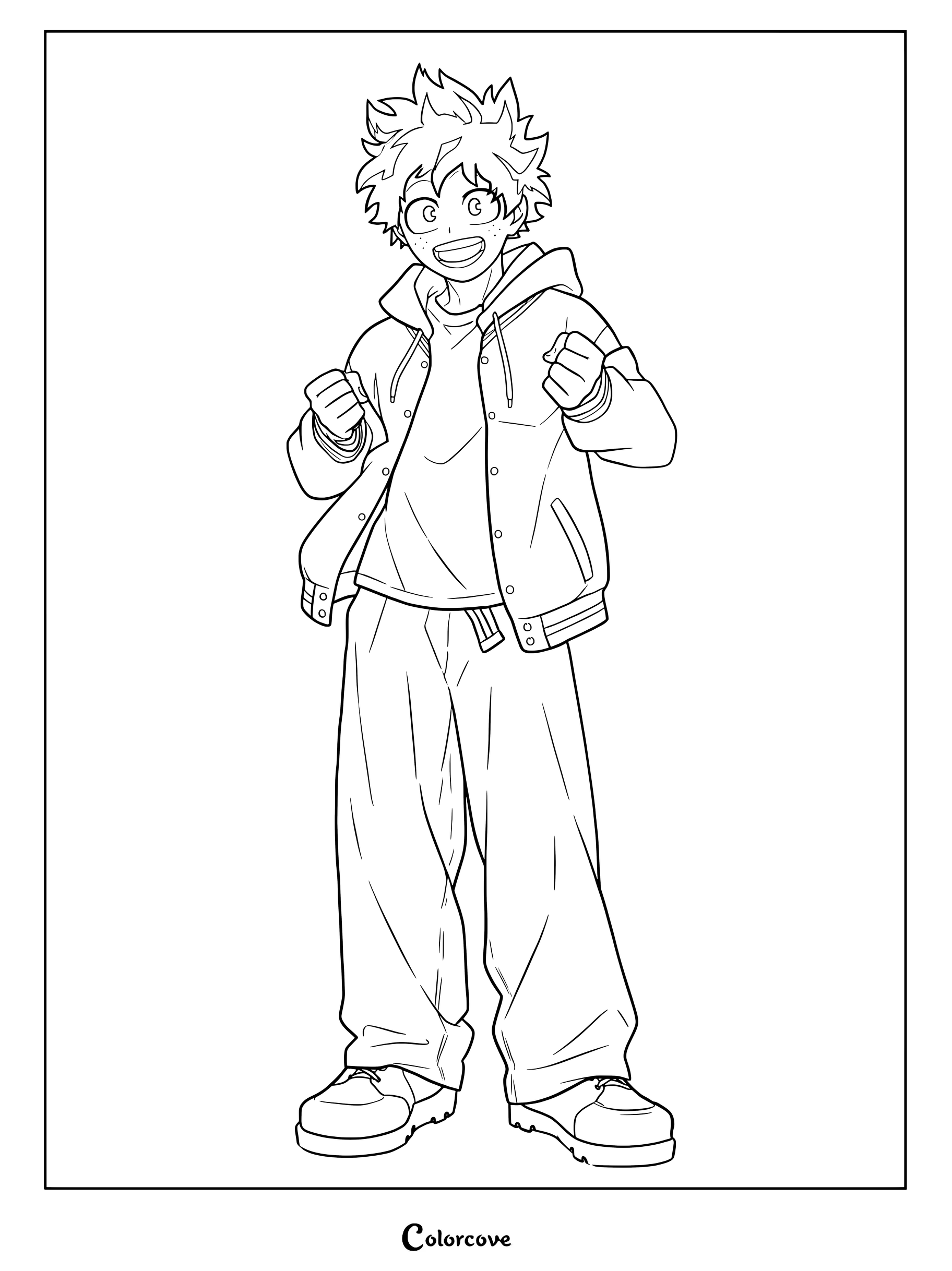 Deku from My Hero Academia wearing a casual hoodie and pants in a line art coloring page style.
