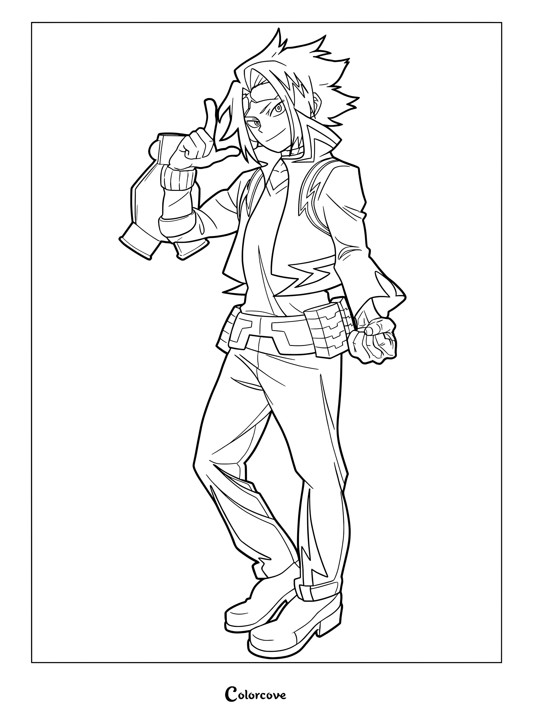 Denki Kaminari in his Chargebolt hero costume posing with a confident expression for a printable coloring page.