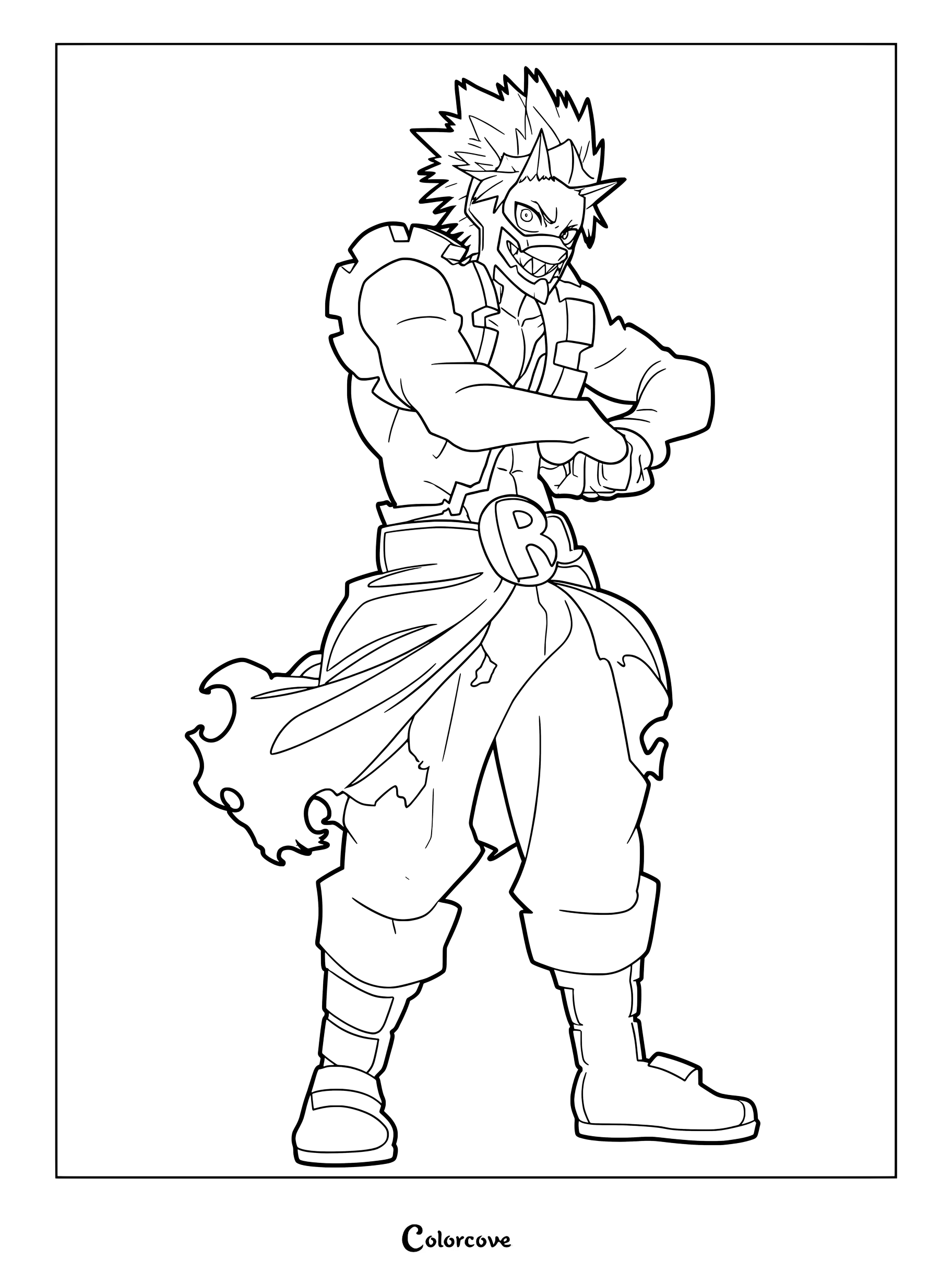 Eijiro Kirishima as Red Riot in his hero costume with spiky hair and mask, printable coloring page.