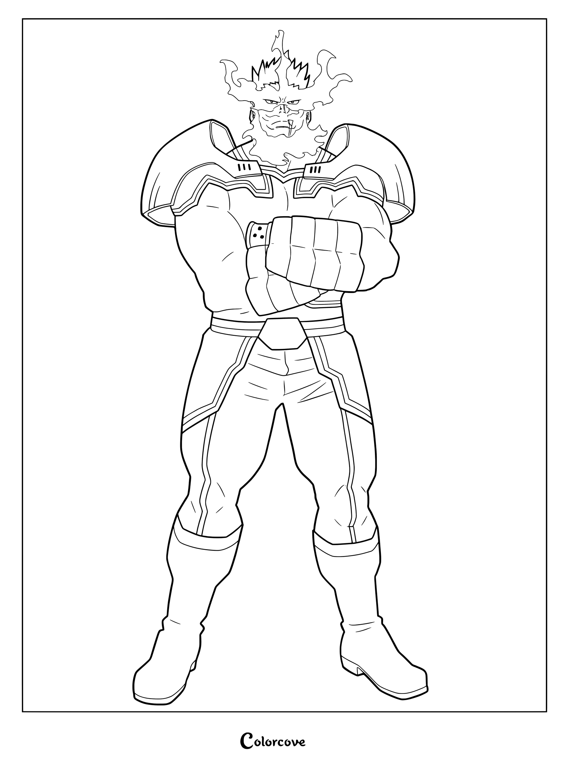 Enji Todoroki, known as Endeavor, standing with arms crossed in his hero costume, featuring his signature flame beard and shoulder armor in a printable coloring page.