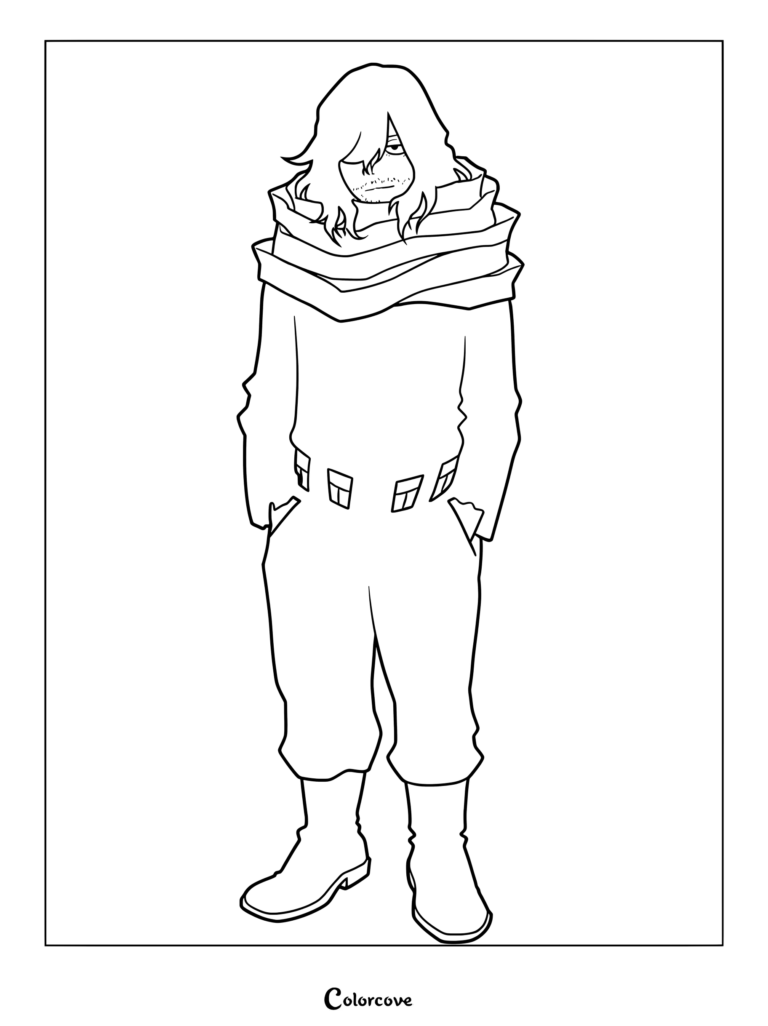 Eraser Head from My Hero Academia standing with hands in pockets, featuring his signature capture scarf and messy hair in a printable coloring page format.