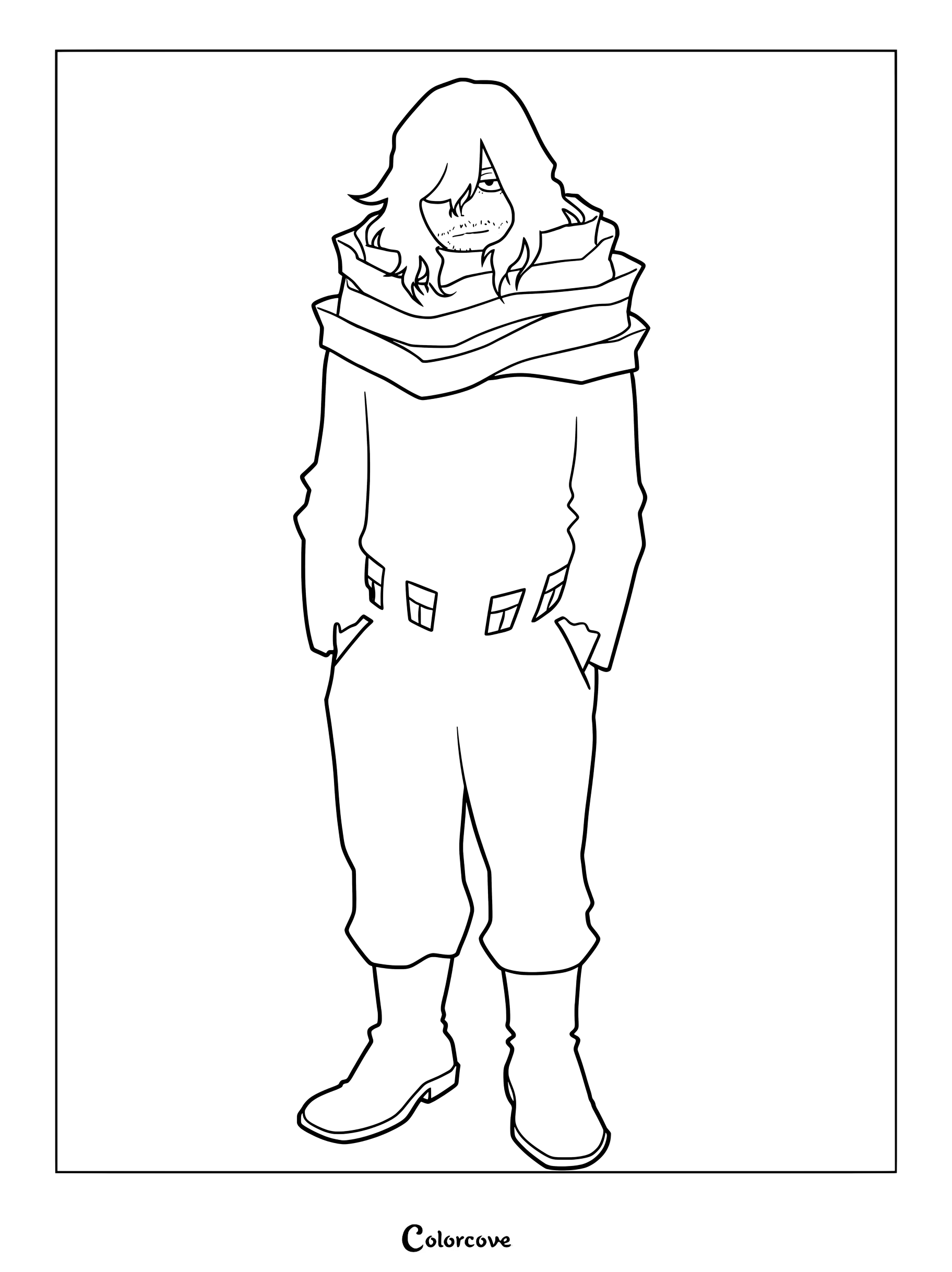 Eraser Head from My Hero Academia standing with hands in pockets, featuring his signature capture scarf and messy hair in a printable coloring page format.
