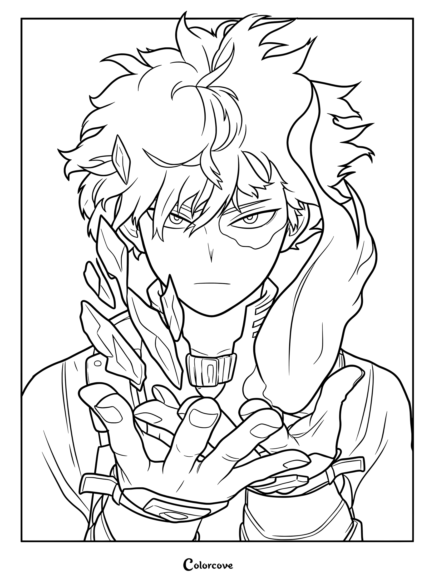 Shoto Todoroki from My Hero Academia using his ice quirk with shards floating above his palm in this detailed line art coloring page.