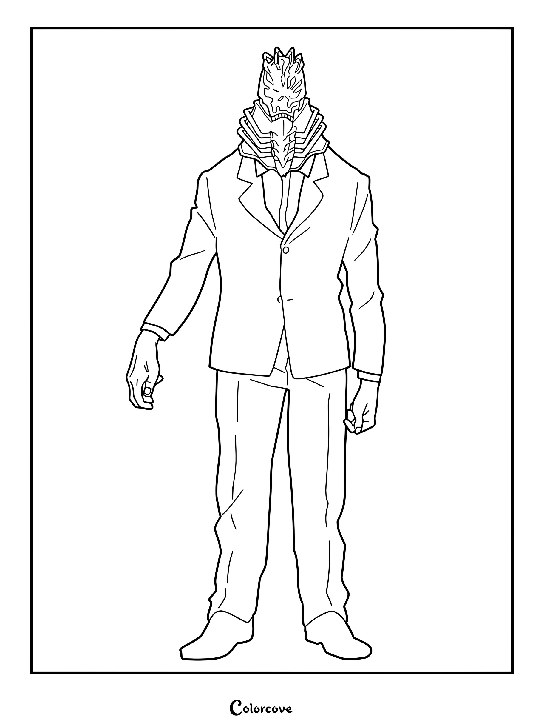 All For One villain from My Hero Academia standing in a suit, detailed line art coloring page.