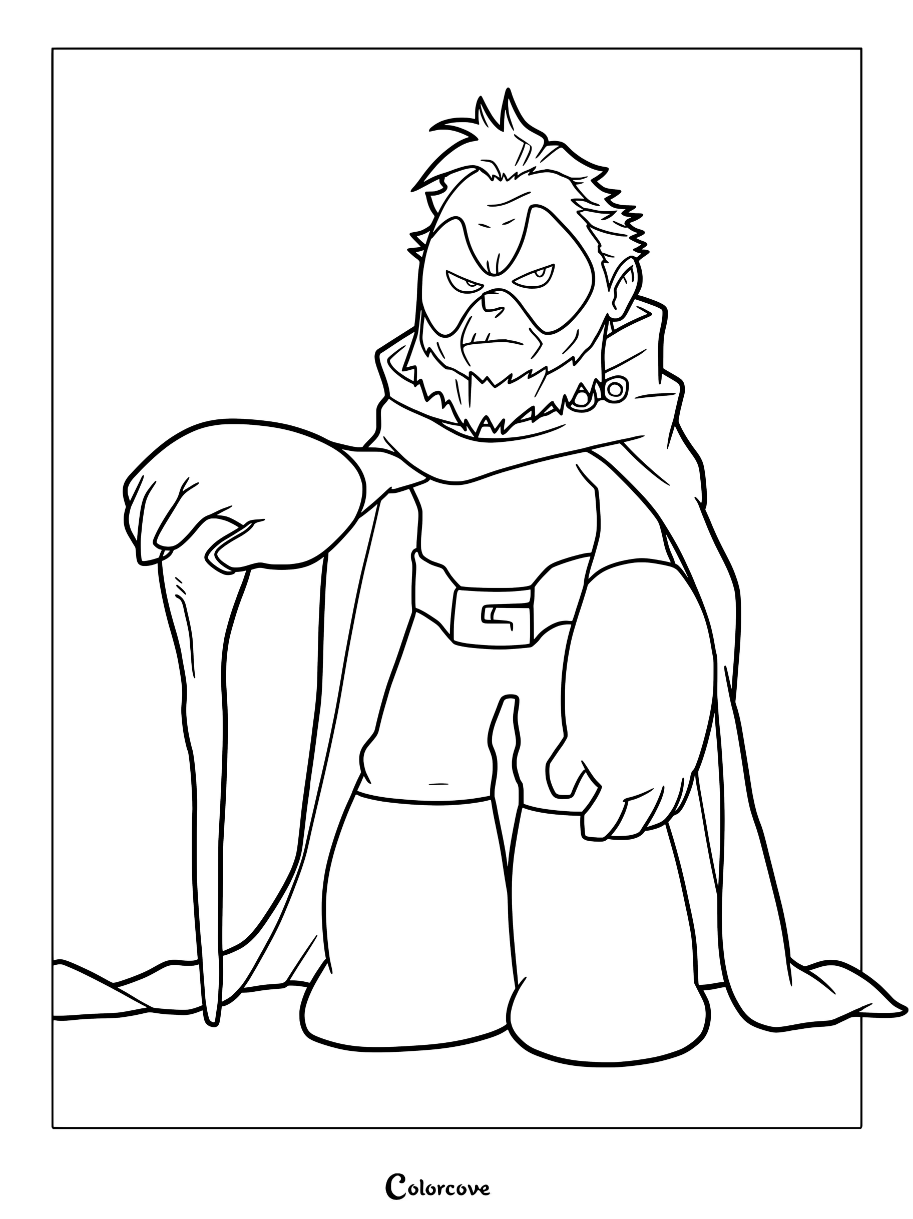 Gran Torino from My Hero Academia wearing his hero costume and cape, standing with a cane in this printable coloring page.