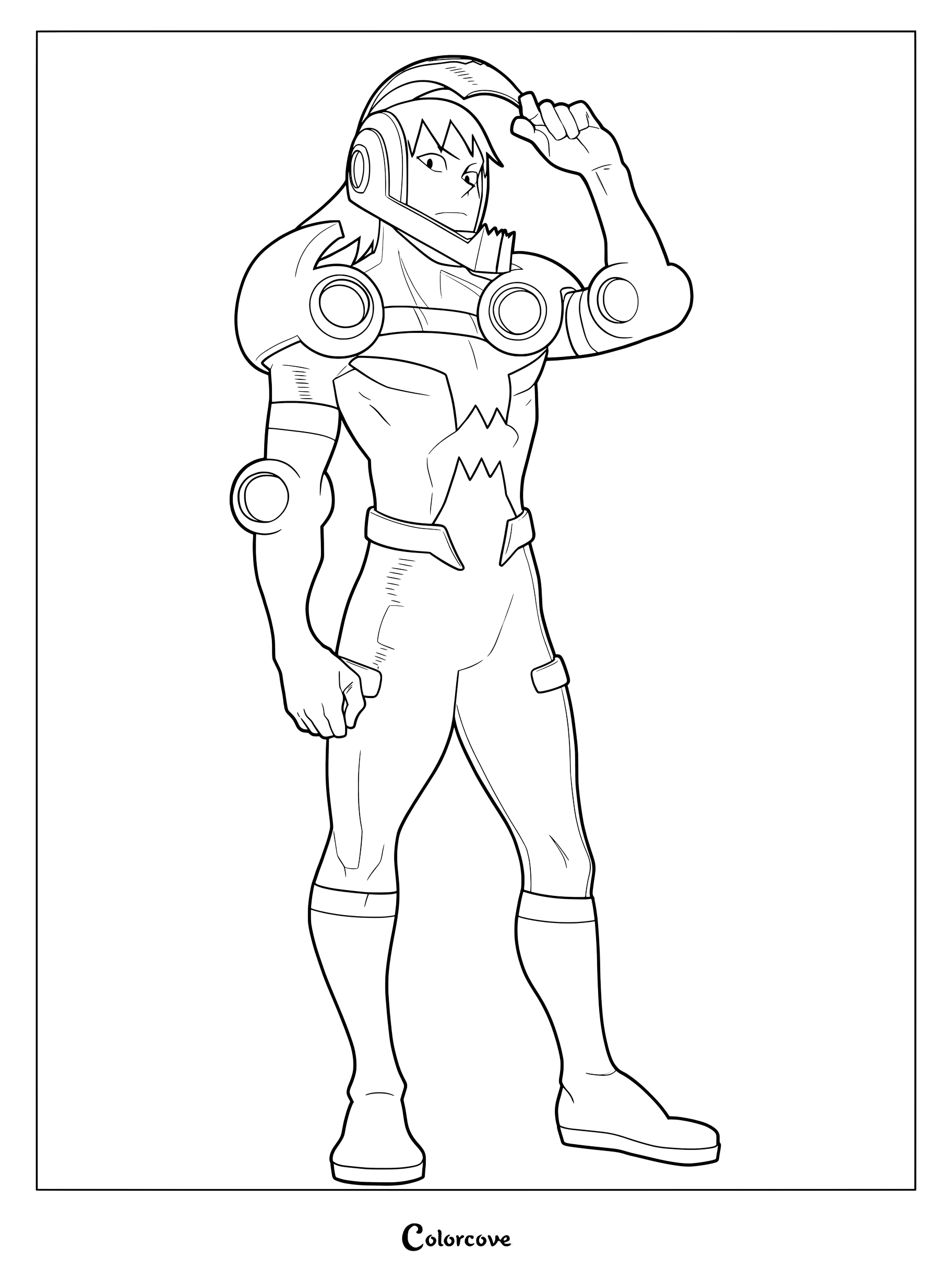 Hanta Sero from My Hero Academia wearing his Cellophane hero suit and helmet, standing in a heroic pose for a printable coloring page.