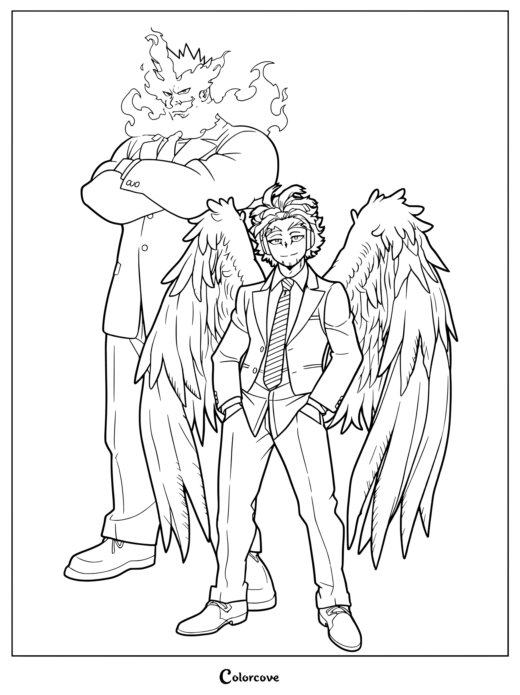 Hawks with large feathered wings standing in front of Endeavor who has flames on his head in this My Hero Academia coloring page.