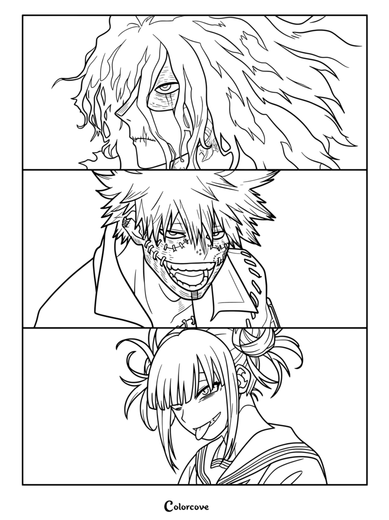 A My Hero Academia coloring page featuring portrait panels of Tomura Shigaraki, Dabi, and Himiko Toga.