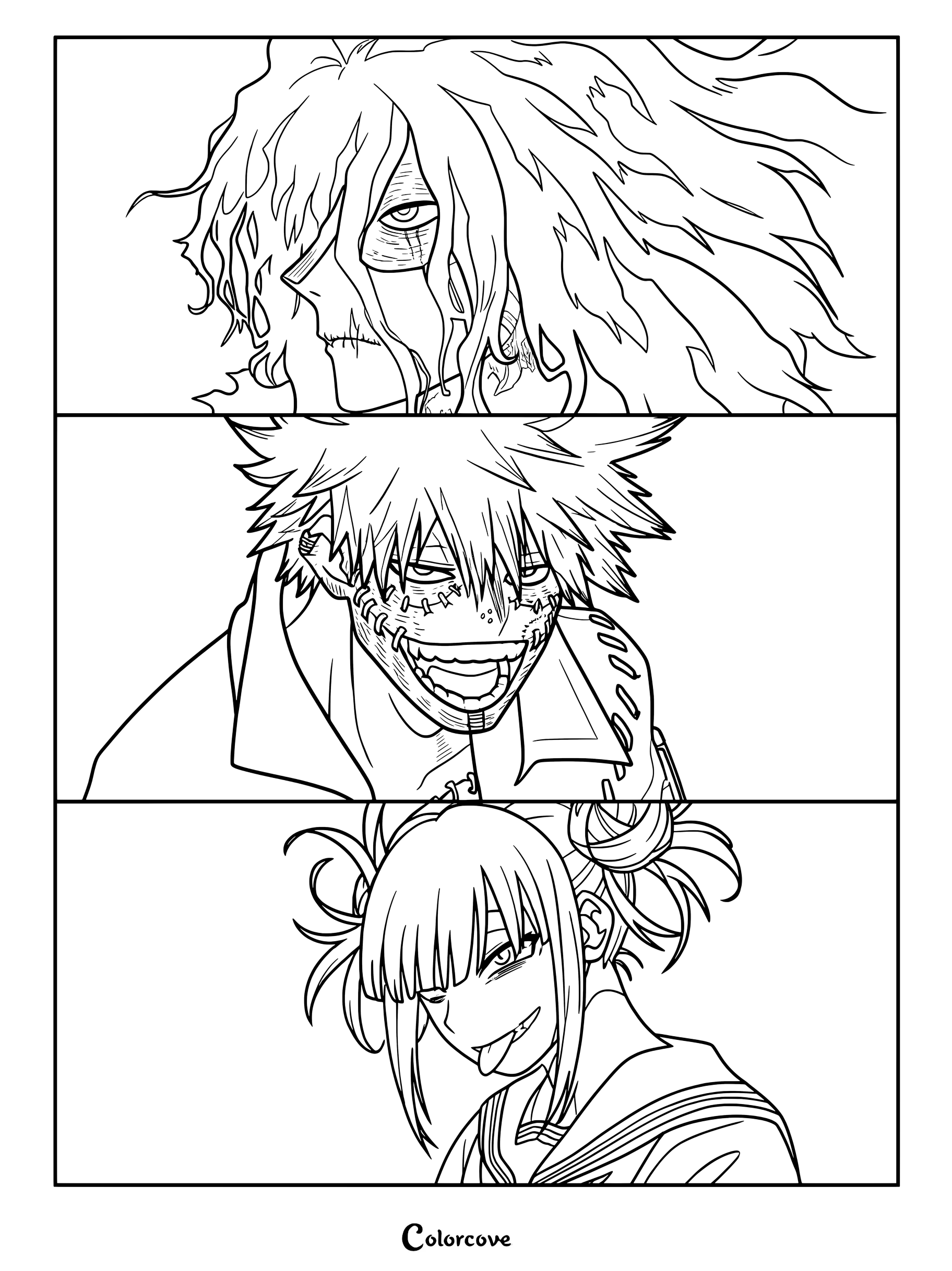 A My Hero Academia coloring page featuring portrait panels of Tomura Shigaraki, Dabi, and Himiko Toga.