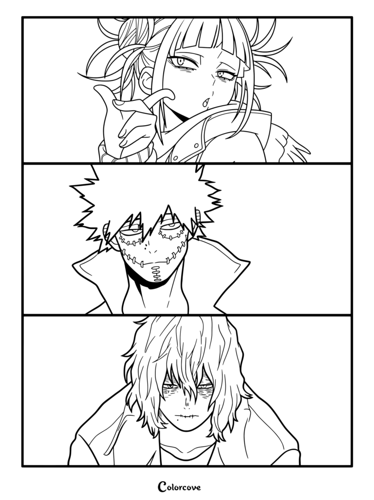 A My Hero Academia coloring page featuring Himiko Toga, Dabi, and Tomura Shigaraki in separate panels.